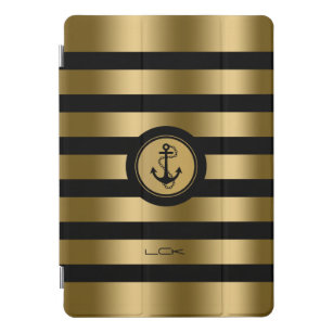 Modern Gold & Black Stripes Nautical Anchor iPad Pro Cover