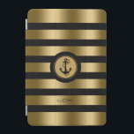 Modern Gold & Black Stripes Nautical Anchor iPad Mini Cover<br><div class="desc">Elegant modern monogramed gold metallic stripes over black background that you can change. White and gold circle for white nautical anchor illustration. Custom monogram. If you need any help customizing, changing color, or anything else to any of my designs, contact ArtOnWear designer. Free text formatting with live help available by...</div>
