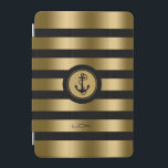 Modern Gold & Black Stripes Nautical Anchor iPad Mini Cover<br><div class="desc">Elegant modern monogramed gold metallic stripes over black background that you can change. White and gold circle for white nautical anchor illustration. Custom monogram. If you need any help customizing, changing color, or anything else to any of my designs, contact ArtOnWear designer. Free text formatting with live help available by...</div>
