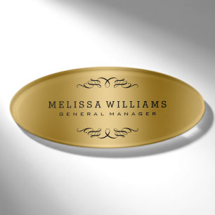 Modern Gold & Black Swirls Frame Name Tag