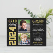 Modern Gold Black Two Photo Graduation Party Invitation (Standing Front)