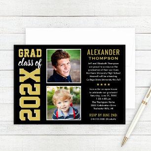 Modern Gold Black Two Photo Graduation Party Invitation
