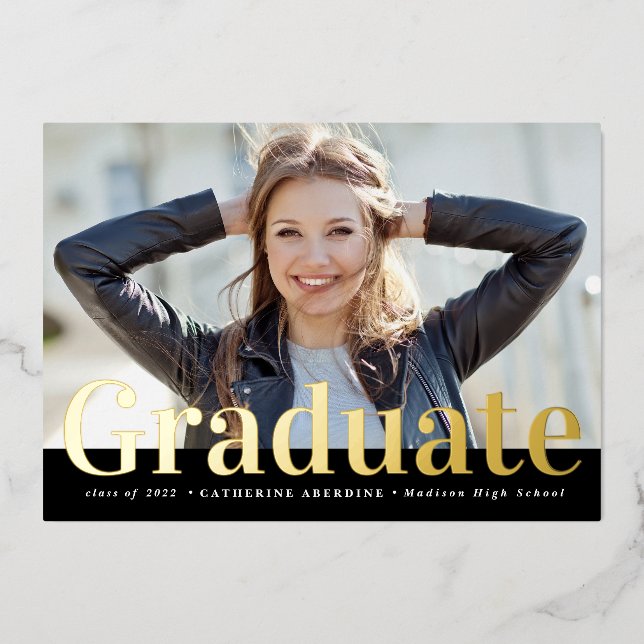 Modern Gold & Black Typographic Photo Graduation Foil Invitation (Front)