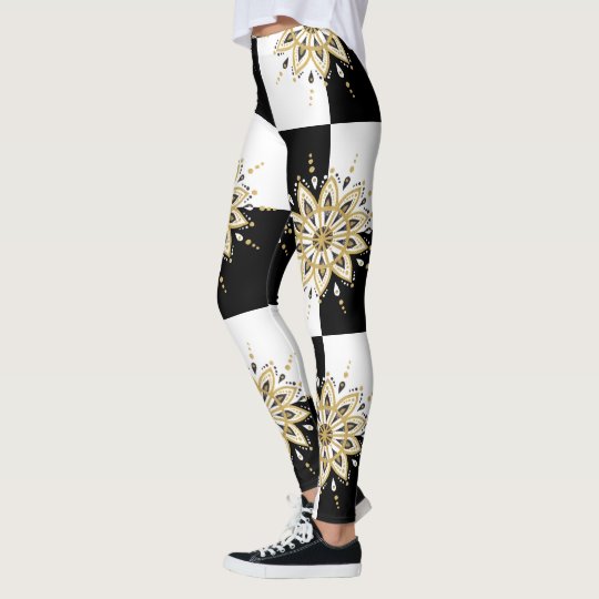 Modern Gold Black & White Circle Mandala Design Leggings