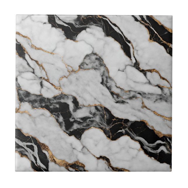 Modern Gold Black White Faux Marble Ceramic Tile (Front)