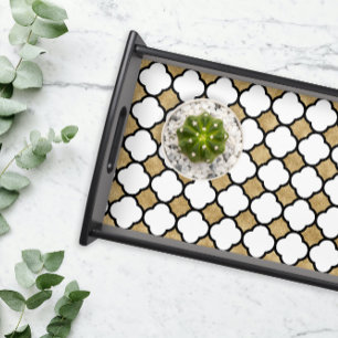Modern Gold Black White Geometric Quatrefoil Serving Tray