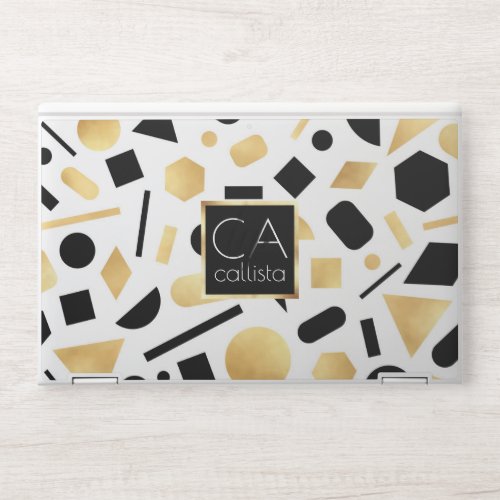 Modern Gold Black White Geometric Shapes Monogram HP Laptop Skin