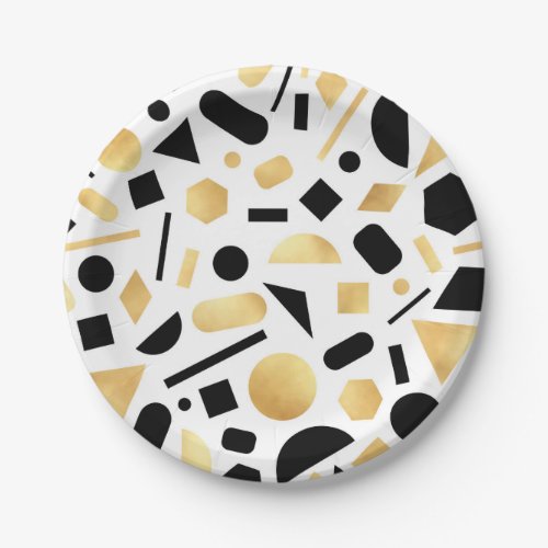 Modern Gold Black White Geometric Shapes Pattern Paper Plates