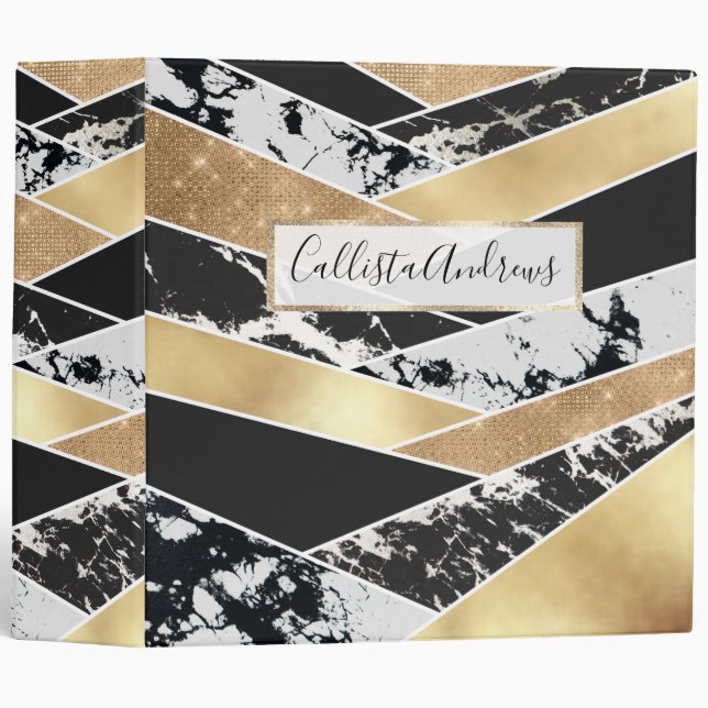 Modern Gold Black White Glitter Marble Geometric 3 Ring Binder (Front/Spine)