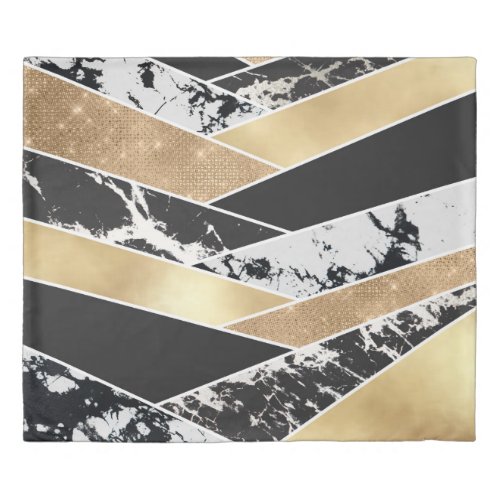 Modern Gold Black White Glitter Marble Geometric Duvet Cover
