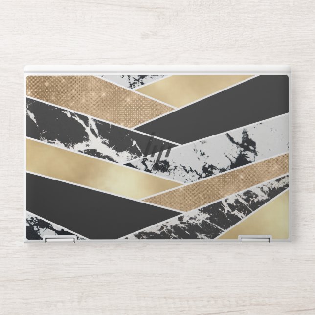 Modern Gold Black White Glitter Marble Geometric HP Laptop Skin (Front)