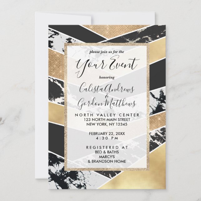 Modern Gold Black White Glitter Marble Geometric Invitation (Front)