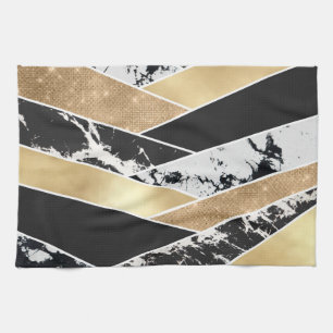 Modern Gold Black White Glitter Marble Geometric Kitchen Towel