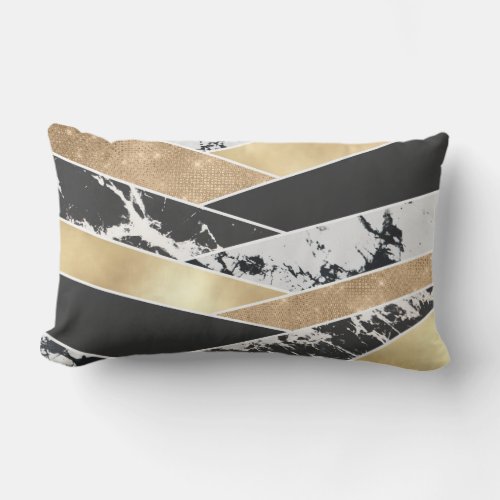 Modern Gold Black White Glitter Marble Geometric Lumbar Pillow