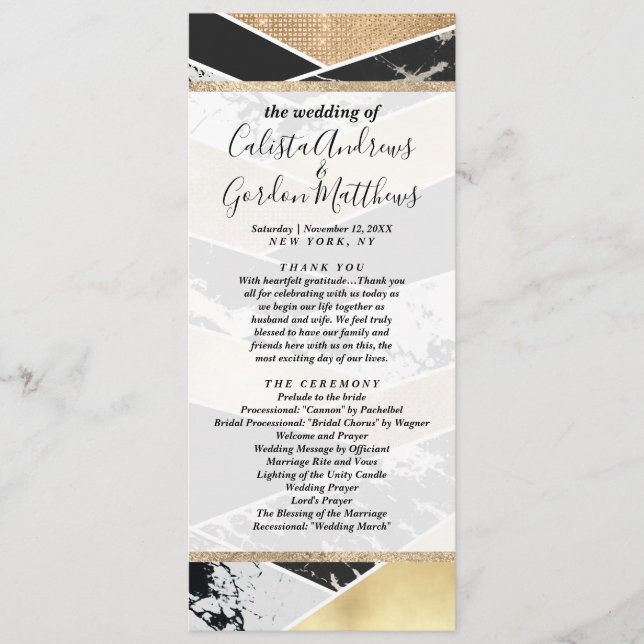 Modern Gold Black White Glitter Marble Geometric Program (Front)