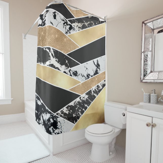 Modern Gold Black White Glitter Marble Geometric Shower Curtain (In Situ)