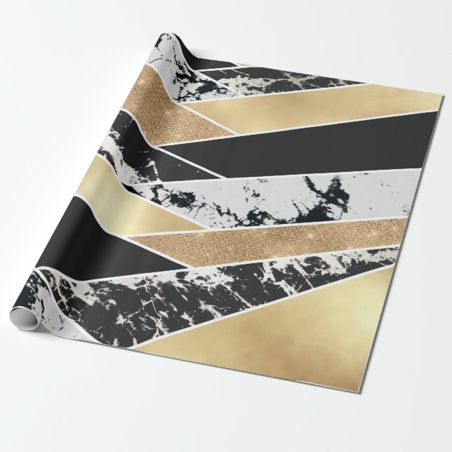 Modern Gold Black White Glitter Marble Geometric Wrapping Paper (Unrolled)