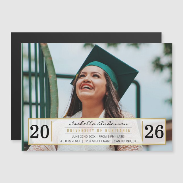 Modern Gold Black & White Graduation Party | Photo Magnetic Invitation (Front/Back)