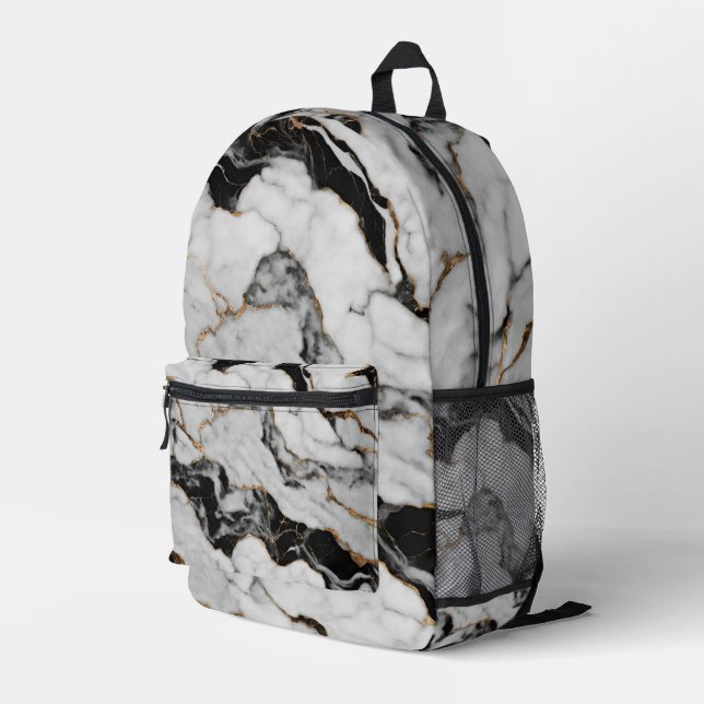 Modern Gold Black White Marble Printed Backpack (Back Corner Right)