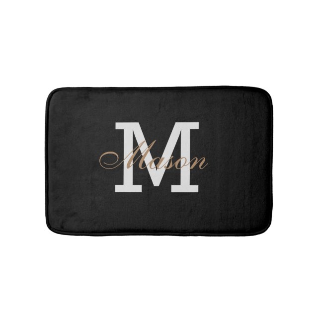 Modern Gold Black White Monogram Custom Chic Bathroom Mat (Front)