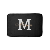 Modern Gold Black White Name Monogram Classic Chic Bathroom Mat