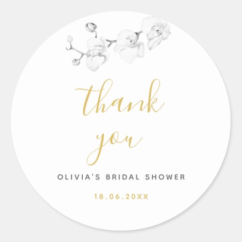Modern Gold Black White Orchid Wedding Thank You Classic Round Sticker