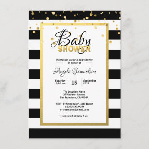 Modern Gold Black White Stripes Baby Shower Invitation