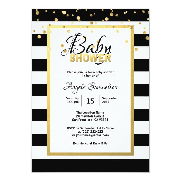 Modern Gold Black White Stripes Baby Shower Invitation | Zazzle.com