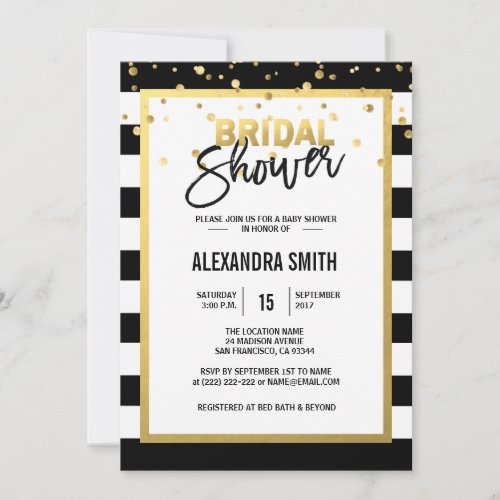 Modern Gold Black White Stripes Bridal Shower Invitation