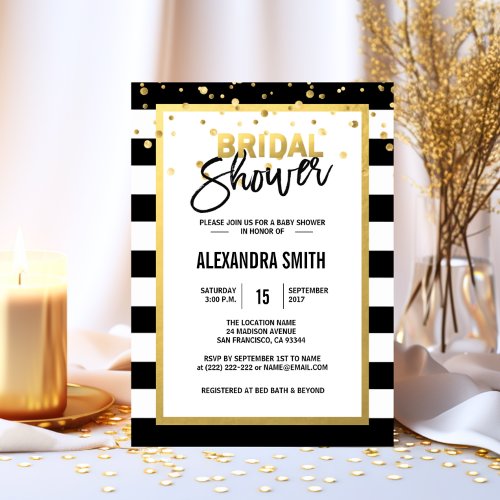 Modern Gold Black White Stripes Bridal Shower Invitation