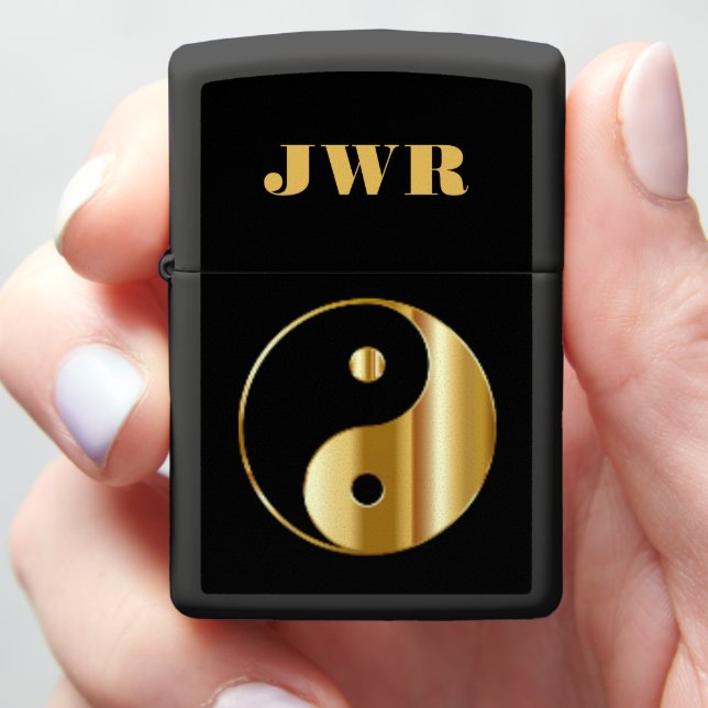 Modern Gold Black Yin Yang Symbol Mens Classic Zippo Lighter (In Hand)