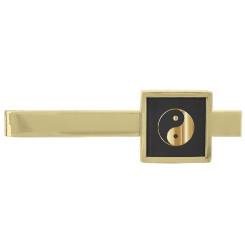 Modern Gold Black Yin Yang Symbol Mens Gold Finish Tie Bar