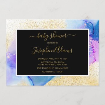 Modern Gold Blue Abstract Watercolor Baby Shower Invitation by melanileestyle at Zazzle