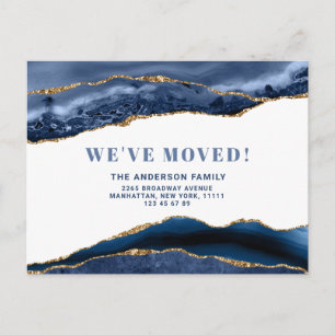 Modern Gold Blue Agate Marble Moving Announcemen Postcard