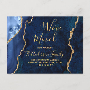 Modern Gold Blue Agate Marble Moving Announcement Postcard