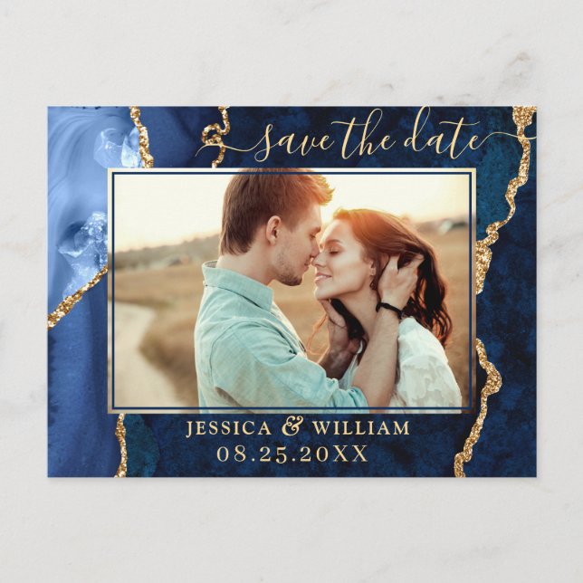 Modern Gold Blue Agate PHOTO Save the Date Announcement Postcard (Front)