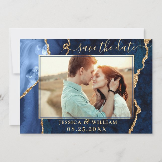Modern Gold Blue Agate PHOTO Wedding Save the Date (Front)