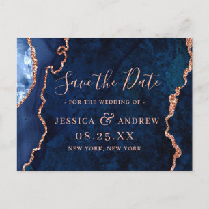 Modern Gold Blue Agate Wedding Save the Date Postcard