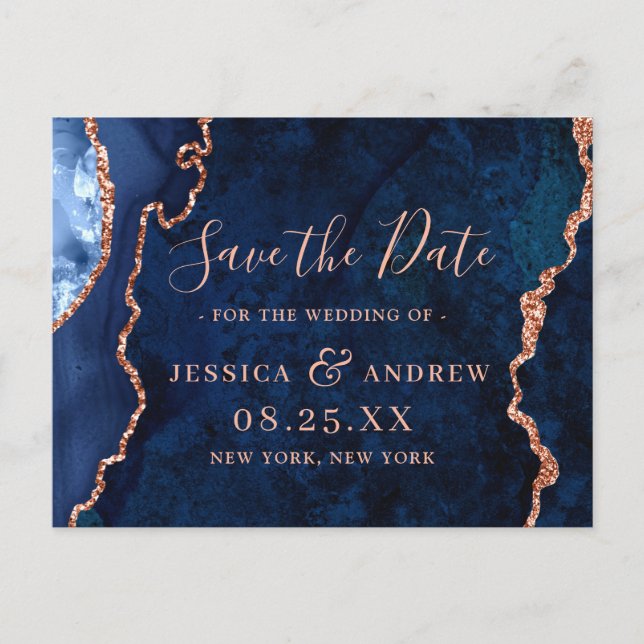 Modern Gold Blue Agate Wedding Save the Date Postcard (Front)