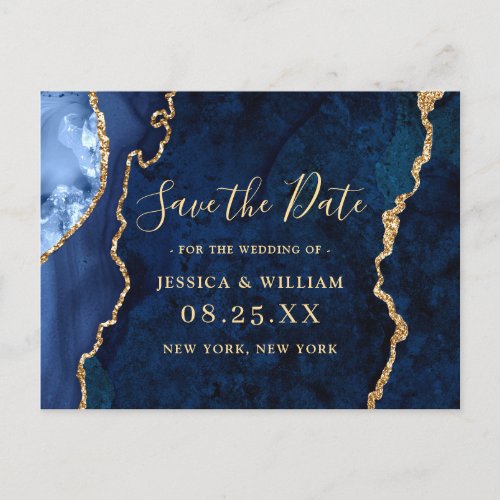 Modern Gold Blue Agate Wedding Save the Date Postcard