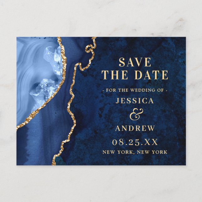 Modern Gold Blue Agate Wedding Save the Date Postcard (Front)