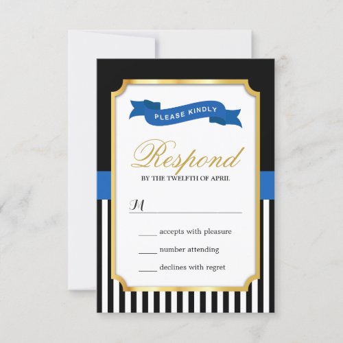 Modern Gold Blue Black White Stripes RSVP Card