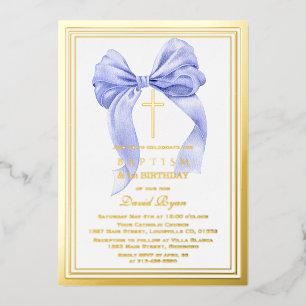 Modern Gold Blue Bow Boy 1st Birthday Baptism Foil Invitation