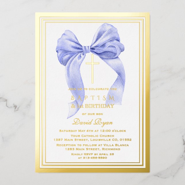 Modern Gold Blue Bow Boy 1st Birthday Baptism Foil Invitation (Front)