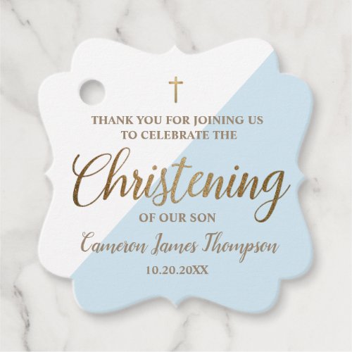 Modern gold blue Boy Christening Personalized Favor Tags