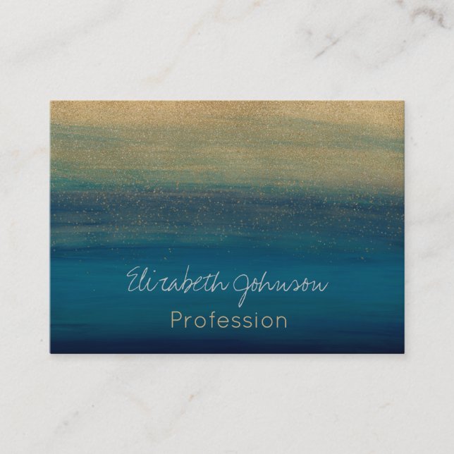 Modern Gold Blue Brush Strokes Painting Business Card (Front)