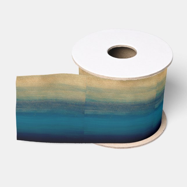 Modern Gold Blue Brush Strokes Painting Grosgrain Ribbon (Spool)
