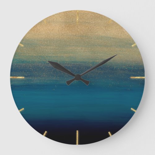 Modern Gold Blue Brush Strokes Painting Large Clock