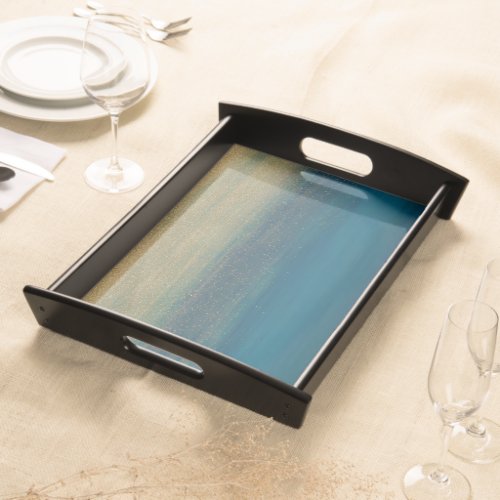 Modern Gold Blue Brush Strokes Painting Serving Tray