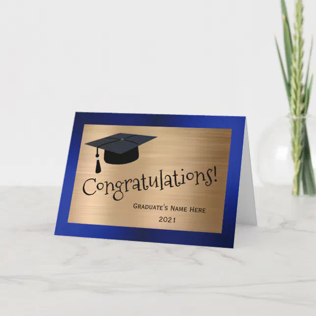 Modern Gold Blue Cap Congratulations Graduation Card | Zazzle